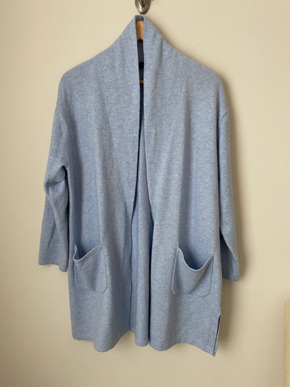 Talbots Heather Blue Long Sleeve Shawl Collar Cardigan Pockets Slits Petite XL